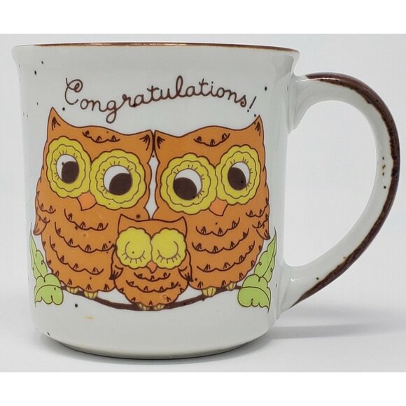 Retro Owl Mug Speckled Stoneware Owlet Baby Congratulations Vintage - Picture 3 of 5